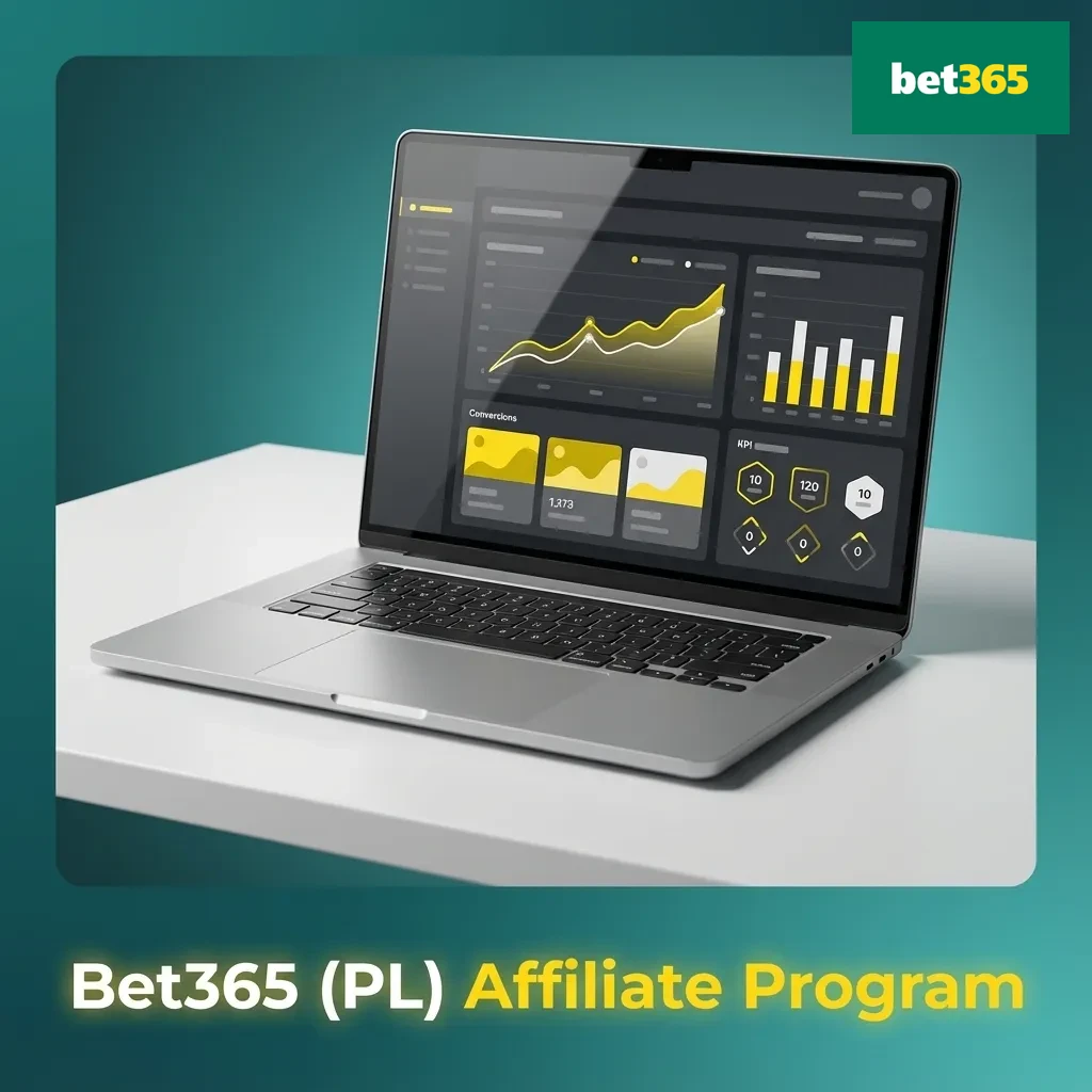 Bet365 (PL) affiliate program promo banner highlighting commissions, marketing tools, and sports betting brand features
