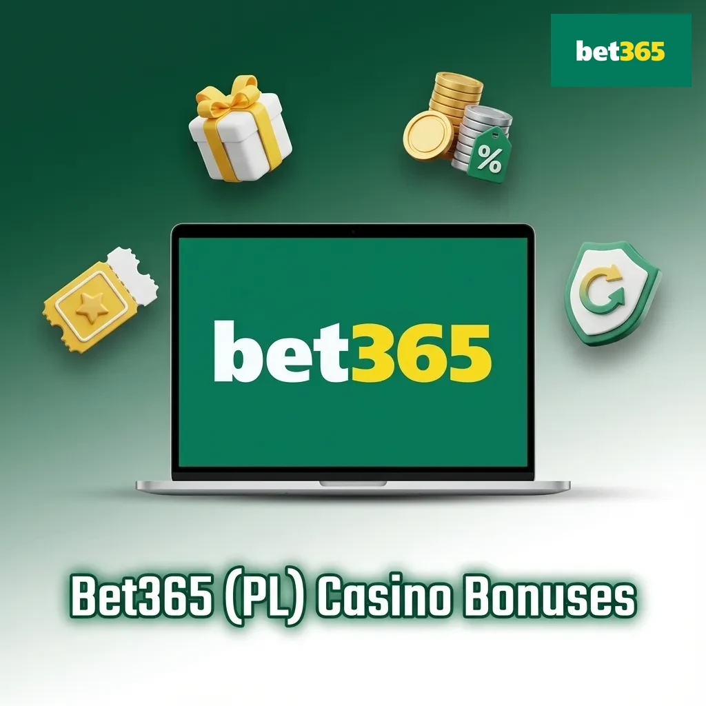 Bet365 PL casino bonuses overview with icons for deposit match, free spins, cashback, and reload offers