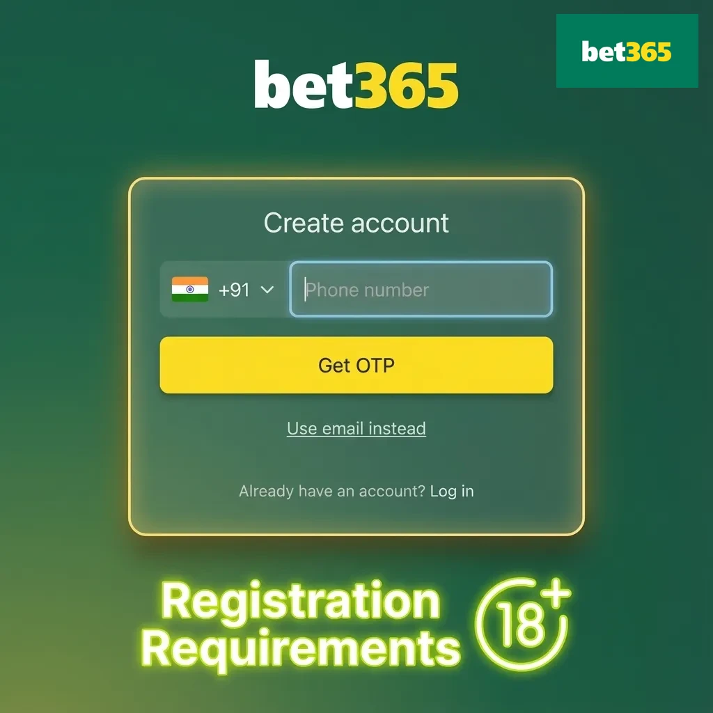Checklist graphic showing Bet365 (PL) India registration rules: age 18+, real details, one account, ID proof, legal region.