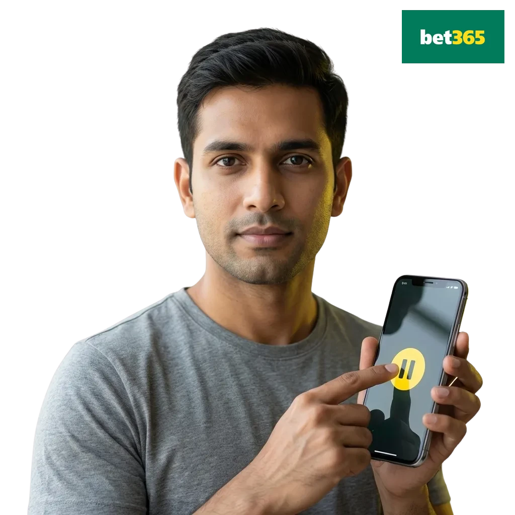 Illustration of a person using Bet365 responsibly with limits and reminders, symbolizing safe, controlled online gaming
