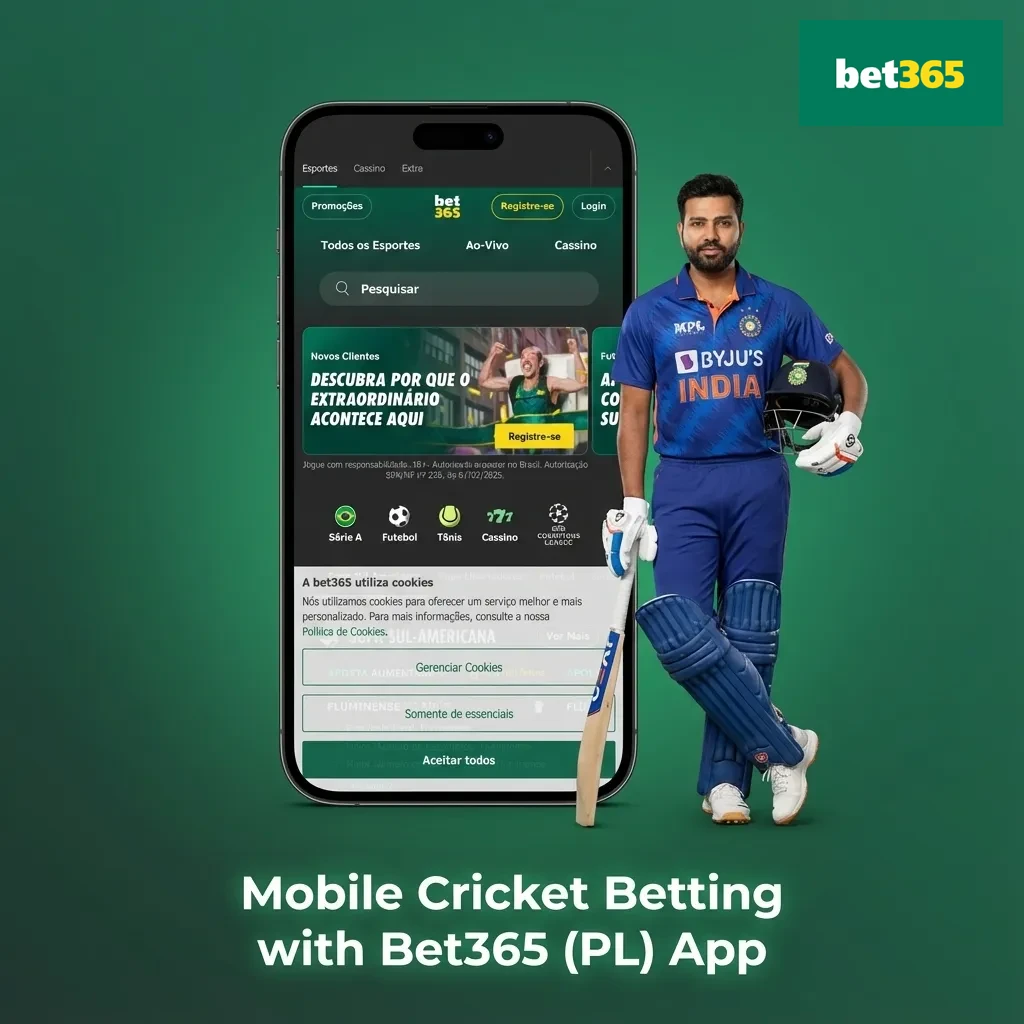 Smartphone displaying the Bet365 (PL) mobile app cricket betting screen with match odds and bet slip options visible.