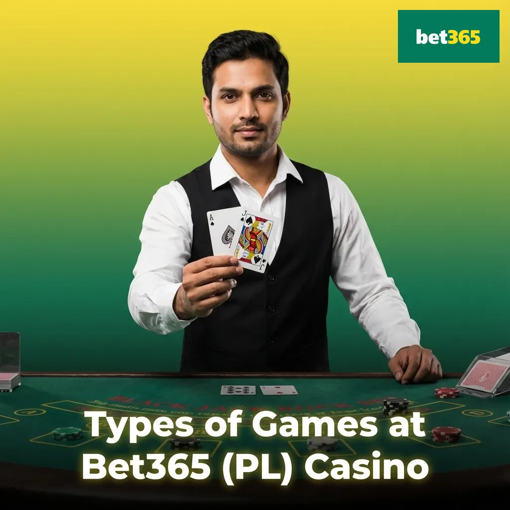 Graphic showing Bet365 (PL) casino game types: slots, crash, table, India card games, jackpots, video poker and more
