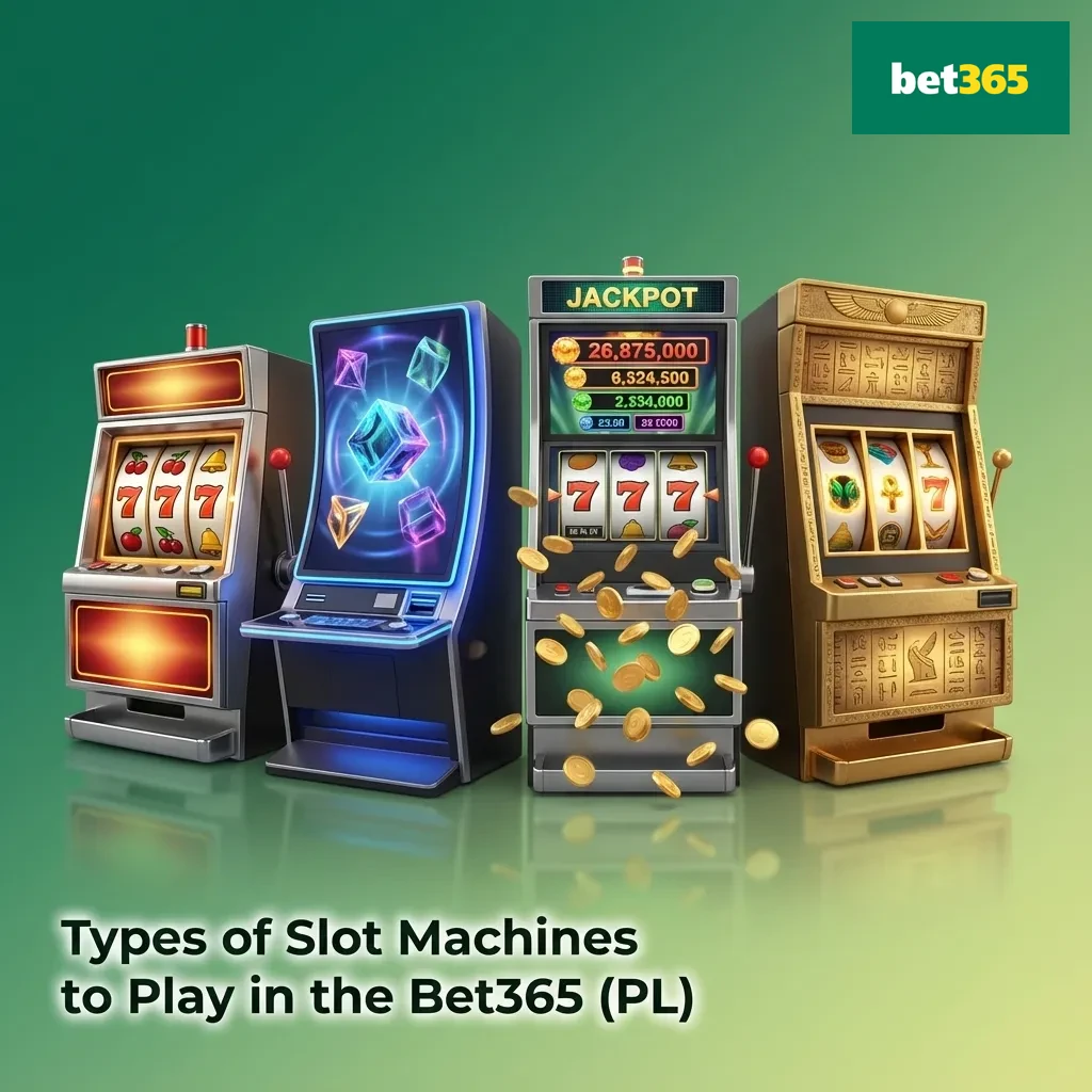 Bet365 (PL) slots selection graphic showing classic reels, Megaways, jackpots and branded slot machine icons